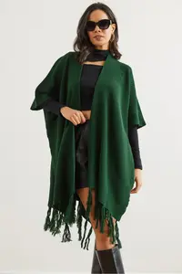Olalook Women's Emerald Green Tasseled Poncho Cardigan - Image 4