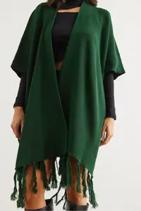 Olalook Women's Emerald Green Tasseled Poncho Cardigan - Image 5