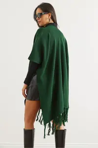 Olalook Women's Emerald Green Tasseled Poncho Cardigan - Image 6