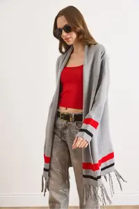 Olalook Women Gray Tasseled Poncho Cardigan - Image 2