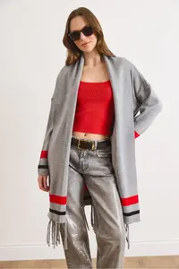 Olalook Women Gray Tasseled Poncho Cardigan - Image 3