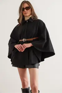 Olalook Women Black Arched Bowl Poncho Cardigan