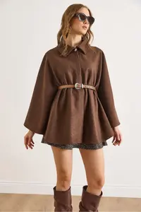 Olalook Women's Brown Belted Stash Poncho Cardigan