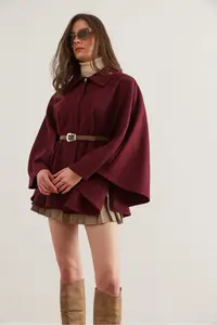 Olalook Women Burgundy Arched Bowl Poncho Cardigan - Image 2