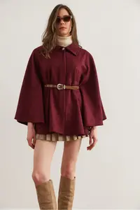 Olalook Women Burgundy Arched Bowl Poncho Cardigan - Image 3