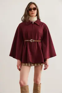 Olalook Women Burgundy Arched Bowl Poncho Cardigan - Image 5