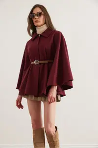 Olalook Women Burgundy Arched Bowl Poncho Cardigan - Image 6