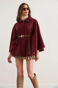 Olalook Women Burgundy Arched Bowl Poncho Cardigan - Image 7