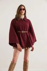 Olalook Women Burgundy Arched Bowl Poncho Cardigan - Image 8