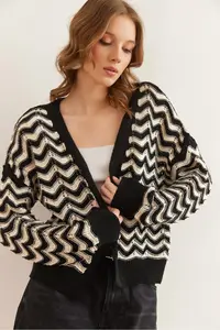 Olalook Women's Black Zigzag Patterned Openwork Knitwear Cardigan