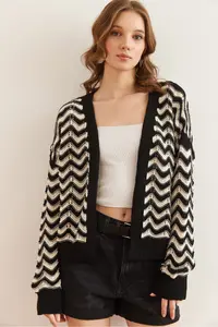 Olalook Women's Black Zigzag Patterned Openwork Knitwear Cardigan - Image 2