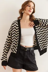 Olalook Women's Black Zigzag Patterned Openwork Knitwear Cardigan - Image 3