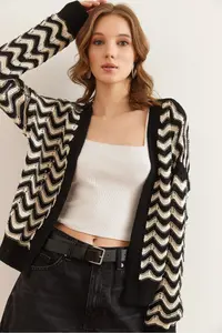 Olalook Women's Black Zigzag Patterned Openwork Knitwear Cardigan - Image 4