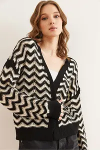 Olalook Women's Black Zigzag Patterned Openwork Knitwear Cardigan - Image 6