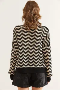 Olalook Women's Black Zigzag Patterned Openwork Knitwear Cardigan - Image 7