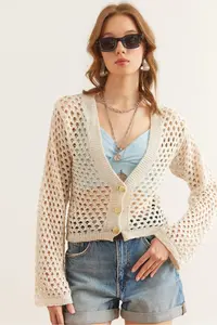 Olalook Women's Ecru Gold Buttoned Openwork Seasonal Cotton Knitwear Cardigan