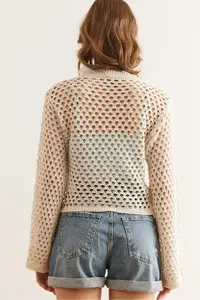 Olalook Women's Ecru Gold Buttoned Openwork Seasonal Cotton Knitwear Cardigan - Image 2