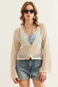 Olalook Women's Ecru Gold Buttoned Openwork Seasonal Cotton Knitwear Cardigan - Image 3
