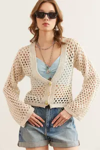 Olalook Women's Ecru Gold Buttoned Openwork Seasonal Cotton Knitwear Cardigan - Image 4