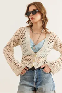 Olalook Women's Ecru Gold Buttoned Openwork Seasonal Cotton Knitwear Cardigan - Image 5