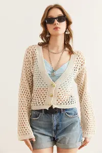 Olalook Women's Ecru Gold Buttoned Openwork Seasonal Cotton Knitwear Cardigan - Image 6