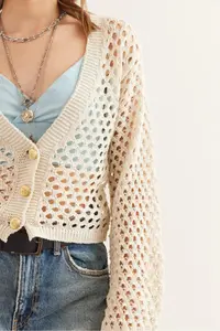 Olalook Women's Ecru Gold Buttoned Openwork Seasonal Cotton Knitwear Cardigan - Image 7