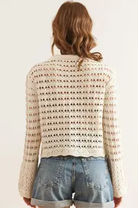 Olalook Women's Ecru Perforated 4 Button Cotton Seasonal Cardigan - Image 2