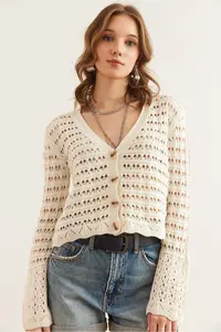 Olalook Women's Ecru Perforated 4 Button Cotton Seasonal Cardigan - Image 3