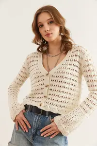 Olalook Women's Ecru Perforated 4 Button Cotton Seasonal Cardigan - Image 4