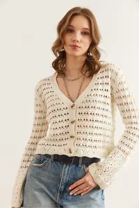 Olalook Women's Ecru Perforated 4 Button Cotton Seasonal Cardigan - Image 5