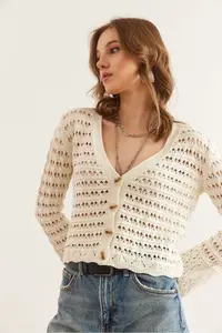 Olalook Women's Ecru Perforated 4 Button Cotton Seasonal Cardigan - Image 6