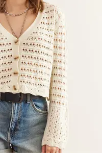 Olalook Women's Ecru Perforated 4 Button Cotton Seasonal Cardigan - Image 7