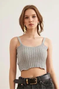Olalook Women's Gray Top Cardigan Bustier Cotton Content Suit - Image 2