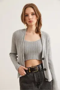 Olalook Women's Gray Top Cardigan Bustier Cotton Content Suit - Image 3