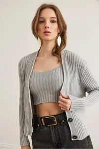 Olalook Women's Gray Top Cardigan Bustier Cotton Content Suit - Image 4
