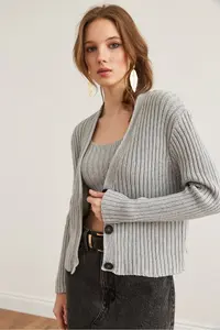 Olalook Women's Gray Top Cardigan Bustier Cotton Content Suit - Image 5