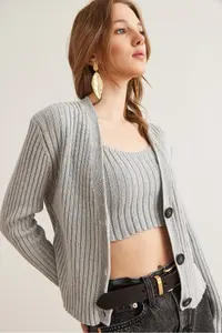 Olalook Women's Gray Top Cardigan Bustier Cotton Content Suit - Image 6