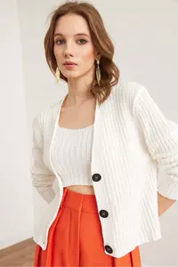 Olalook Women's White Top Cardigan Bustier Cotton Content Suit - Image 6