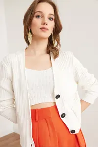Olalook Women's White Top Cardigan Bustier Cotton Content Suit - Image 7