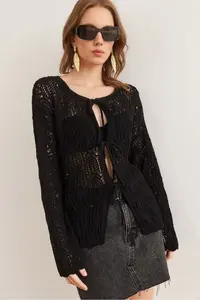 Olalook Women's Black Openwork Bow Tie Detailed Openwork Cotton Cardigan