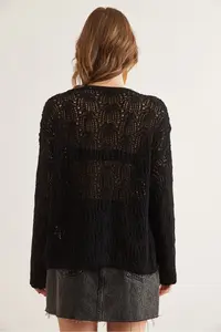 Olalook Women's Black Openwork Bow Tie Detailed Openwork Cotton Cardigan - Image 2