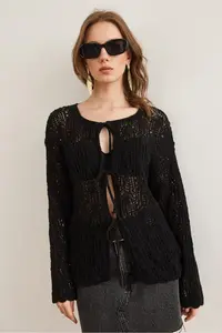 Olalook Women's Black Openwork Bow Tie Detailed Openwork Cotton Cardigan - Image 3