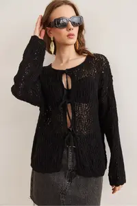 Olalook Women's Black Openwork Bow Tie Detailed Openwork Cotton Cardigan - Image 4