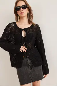 Olalook Women's Black Openwork Bow Tie Detailed Openwork Cotton Cardigan - Image 5
