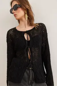Olalook Women's Black Openwork Bow Tie Detailed Openwork Cotton Cardigan - Image 6