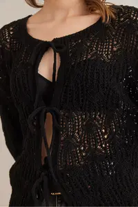 Olalook Women's Black Openwork Bow Tie Detailed Openwork Cotton Cardigan - Image 7