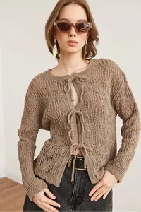Olalook Women's Mink Lace Detailed Openwork Cotton Cardigan - Image 3