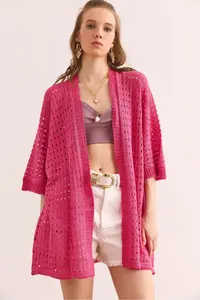 Olalook Women Fuchsia Cellular Summer Knitwear Cardigan