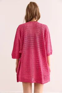 Olalook Women Fuchsia Cellular Summer Knitwear Cardigan - Image 2