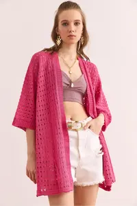 Olalook Women Fuchsia Cellular Summer Knitwear Cardigan - Image 3